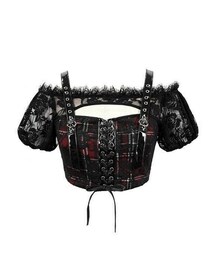 Devil | Women's Gothic Lace Overlay Scottish Check Short Puffed Sleeve Tops
/ TT165(Tシャツ/カットソー)