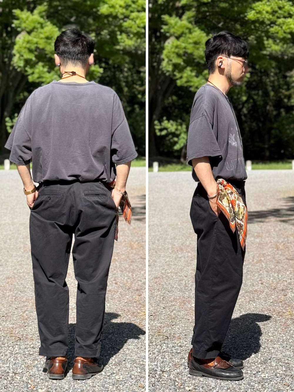 ブラック系のチノパンツ、オレンジ系のバンダナ/スカーフ、ゴールド系のデジタル腕時計を着用したメンズの春コーディネートの2枚目の写真