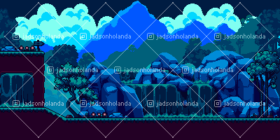 Pixel art landscape with trees, rocks, and waterfalls at night, set against blue mountains and a cloudy sky.