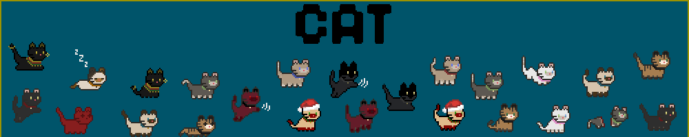 CAT Pixel art banner with the word CAT and various cats in different poses and colors on a teal background.