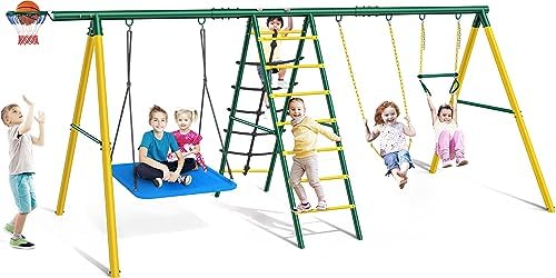 Amazon.com: Osoeri Swing Sets for Backyard, 6 in 1 Swing Sets,Heavy-Duty Metal Swing Sets for Backyard with 2 Swings, Climbing Ladder and Nets,Trapeze Bar and Basketball Hoop : Toys &amp; Games