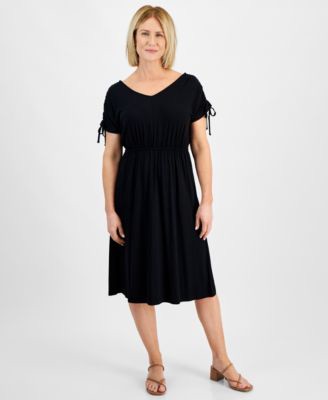 Style & Co Petite V-Neck Shirred-Sleeve Knit Dress, Created for Macy's - Macy's