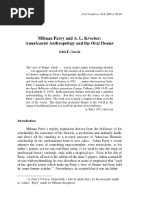 Milman Parry and A. L. Kroeber: Americanist Anthropology and The Oral Homer