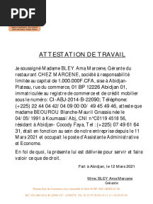 Attestation de Travail Beourou PDF