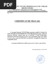 Certificat de Travail: Groupe Tounsi Freres Rayane Ceram