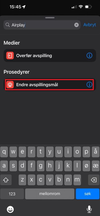 Skjermbildet viser redigering av Snarveien. Under pverskriften "prosedyrer" er teksten "endre avspillingsmål" omkranset med en rød firkant.