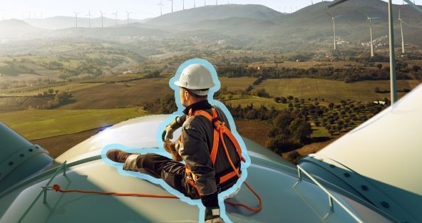 A person sitting on a wind turbine in a field of wind turbines