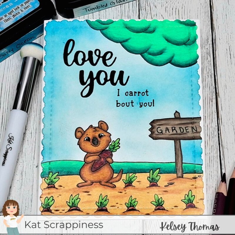 Scene card made with the Easter Quokkas stamp set, with a garden scene sketched in.