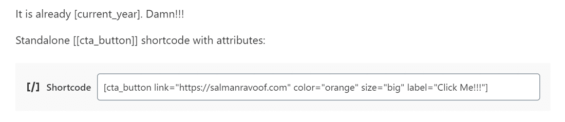 Adding the CTA Button shortcode with attributes to a post