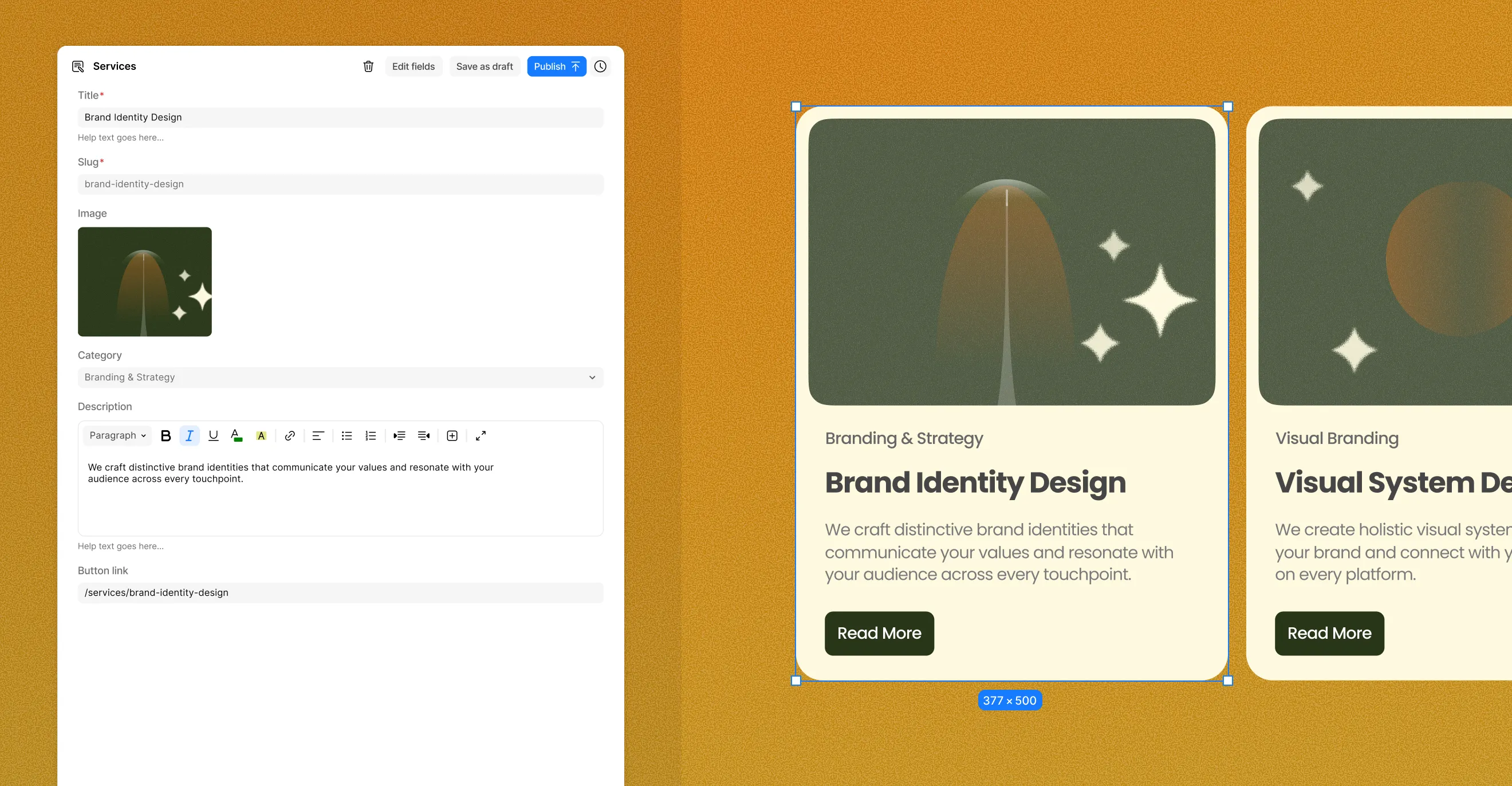 Services CMS content type item & preview
