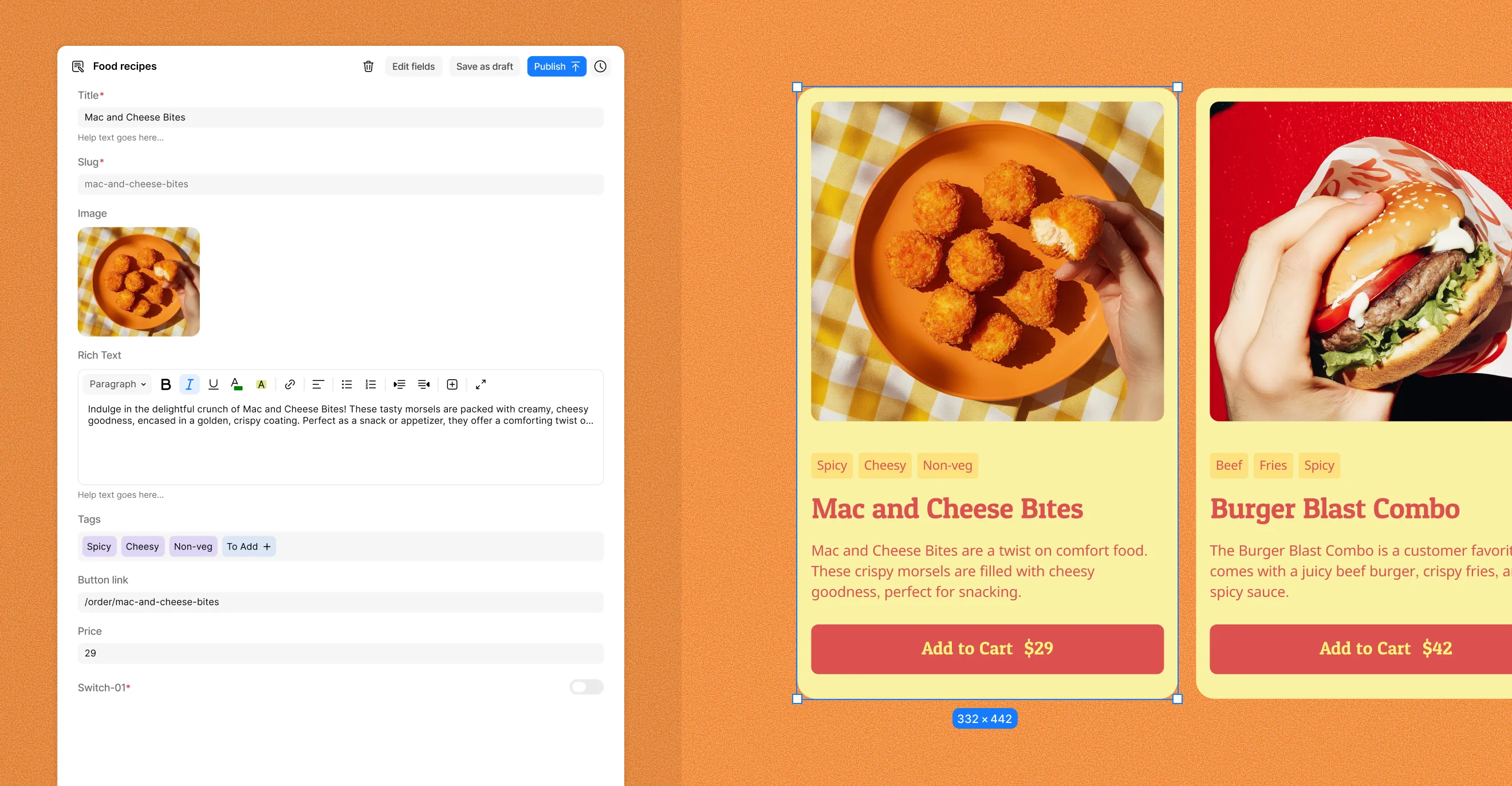 Food recipes CMS content type item & preview
