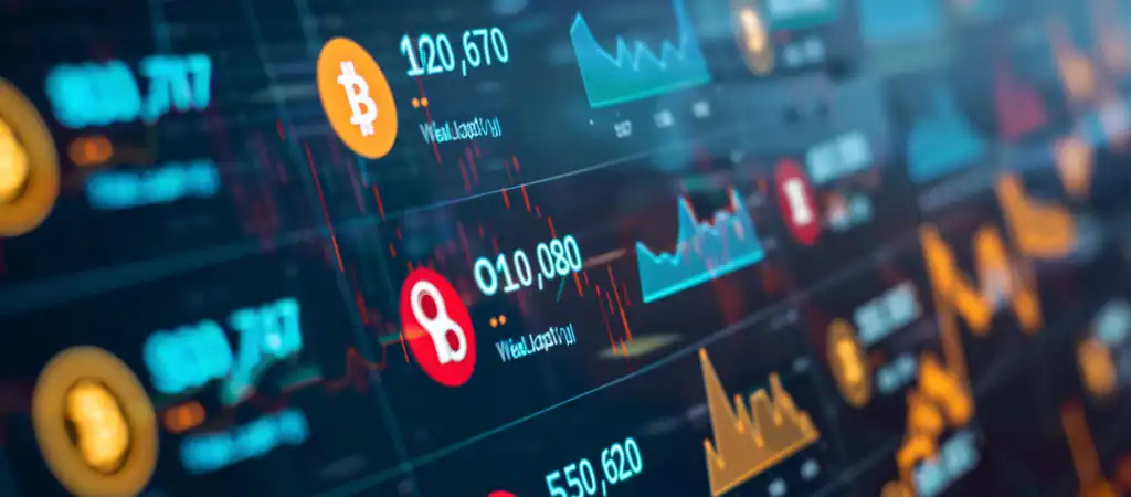 Kriptovaluta árfolyamok és piaci volatilitás grafikonokkal.