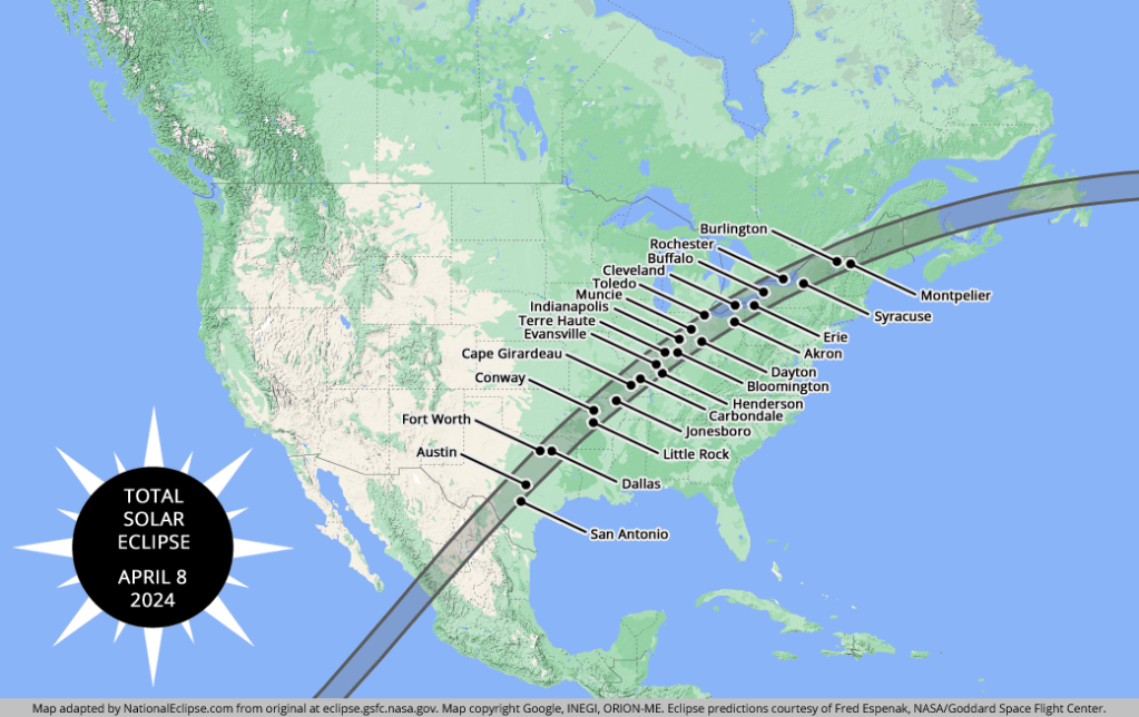 Map of north America showing the path of the total solar eclipse on April 8, 2024. Several cities in the path of totality are marked.