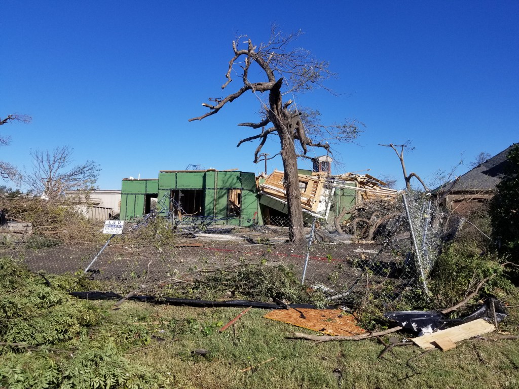 The house is completely flattened. A large tree is destroyed. It has no branches.