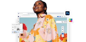 A photo of a woman in a pink, floral shirt is being edited in Photoshop on a Chromebook.