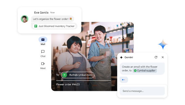 Dos empleados utilizan Gemini para crear un correo para la empresa a partir de un inventario en una hoja de cálculo.