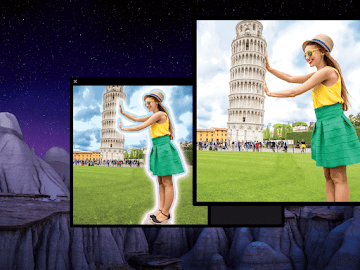 A photo of a woman posing with the Tower of Pisa is being edited using the Magic Editor tool