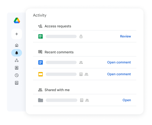 Recent activity list in Drive, including access requests and comments
