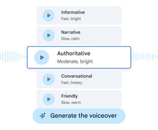 Gemini in Vids generating five different voice-over tones and styles