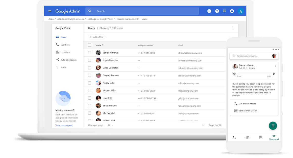 UI de administración de Google Voice en un portátil 