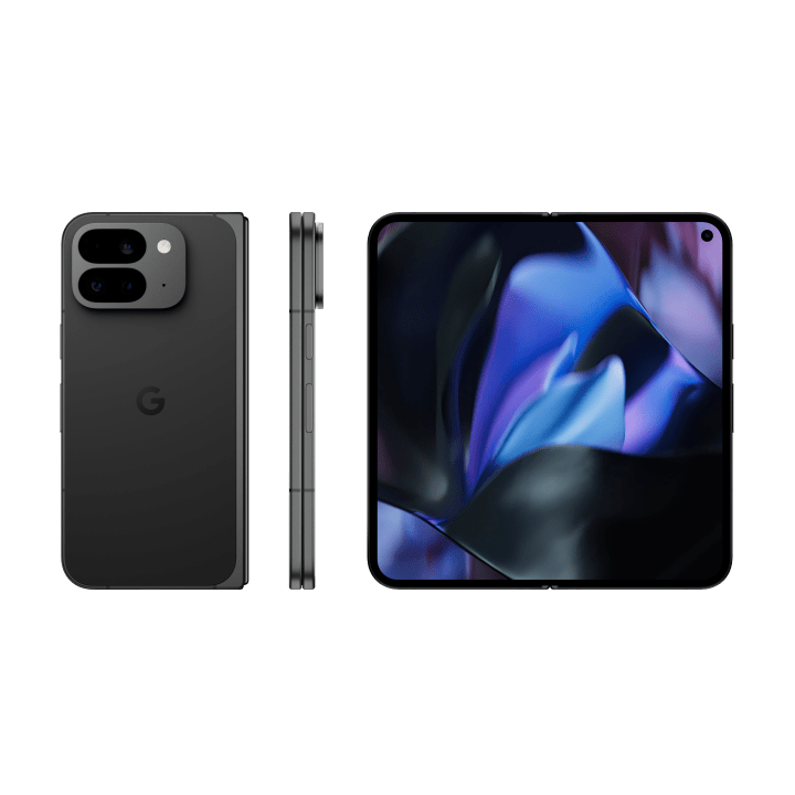 The back, side and open display of Pixel 9 Pro Fold in Obsidian color. The immense screen displays a variety of vibrant colors.