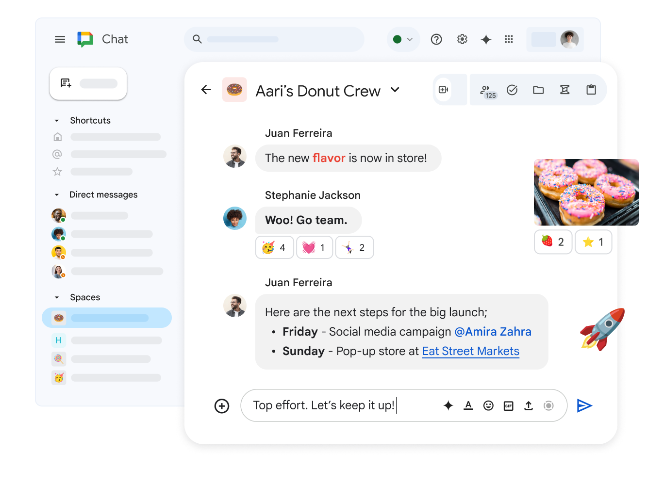 A Chat space called 'Dan's Donut Crew' showing a variety of ways that people can express themselves including rich text formatting, reactions and images.