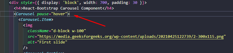Imagem do código, onde podemos ver que foi adicionado o efeito hover para quando o carrossel estiver parado, na linha <Carousel pause+"hover">