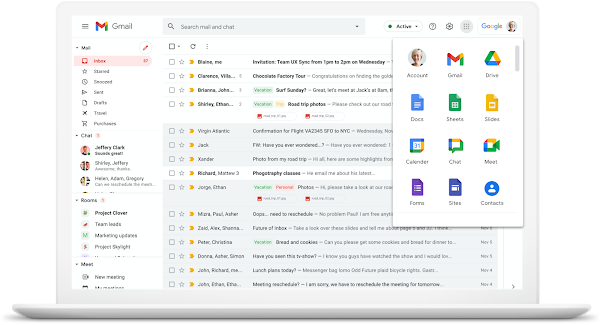 Interfaz de usuario de Gmail con otras aplicaciones de Google Workspace en el menú desplegable de ajustes 