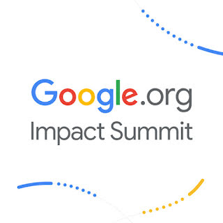 Texto en una imagen que dice "Google.org Impact Summit" con ilustraciones con rayas y puntos azules y amarillos.