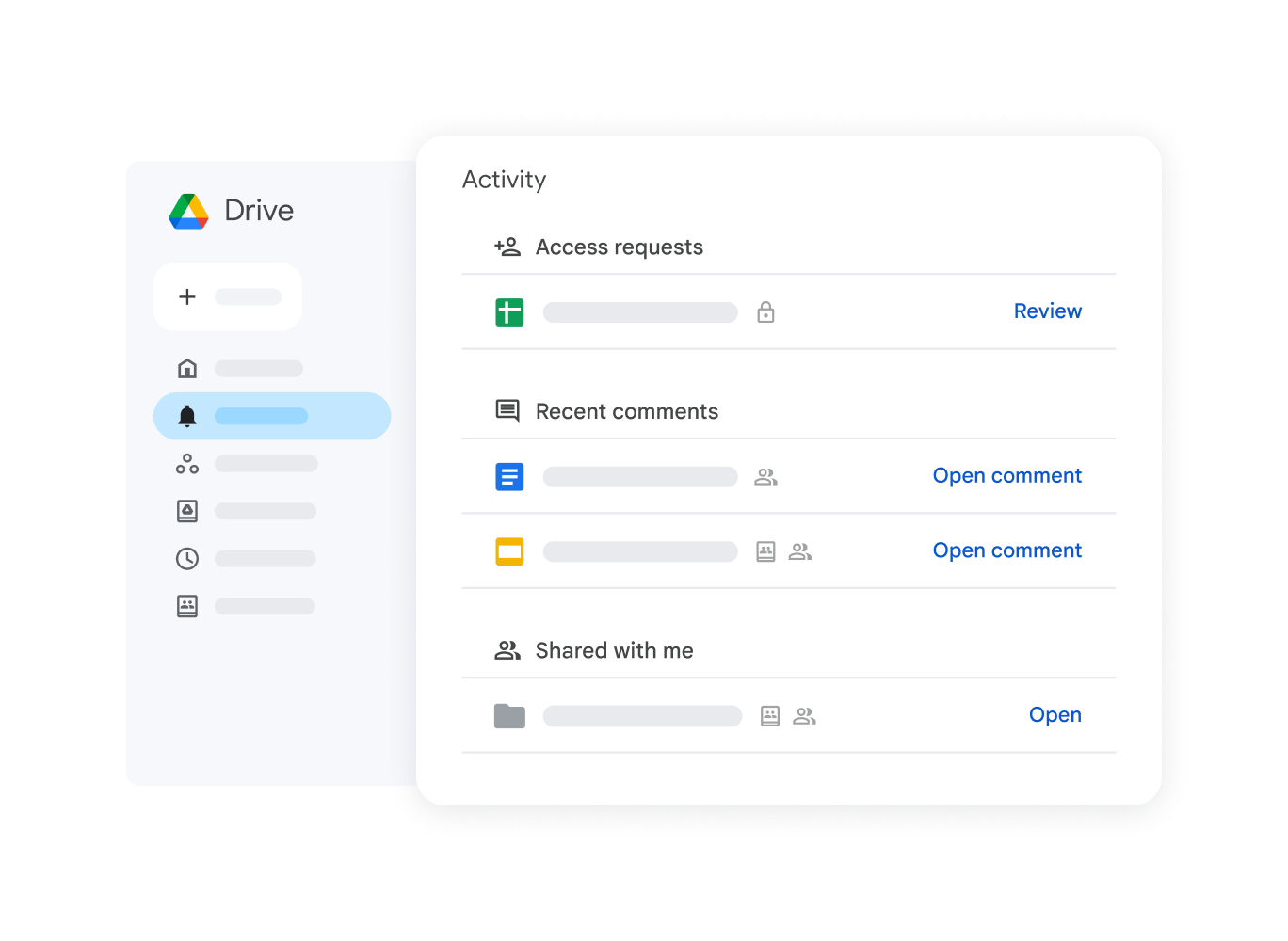 Recent activity list in Drive, including access requests and comments
