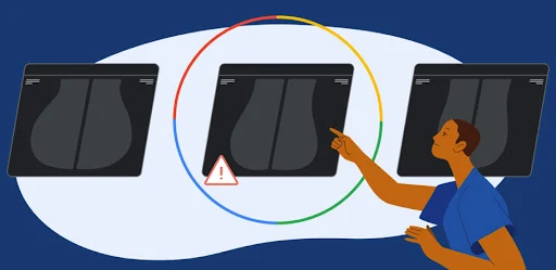 An illustration of a doctor pointing to mammogram results, one of which is circled with a caution symbol