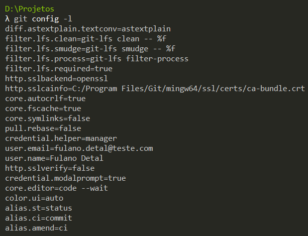 Listando todas as variáveis de configuração git config
