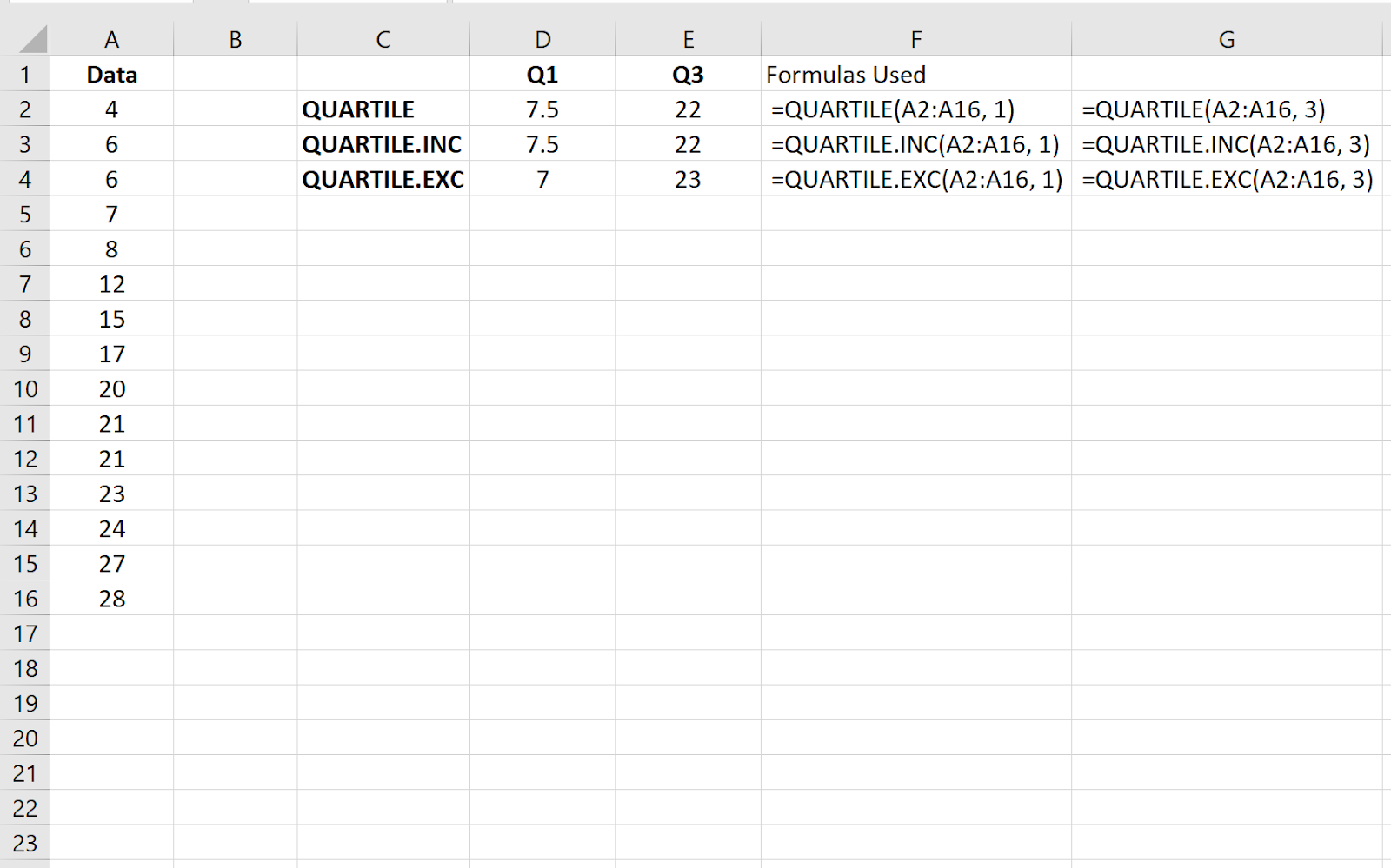 QUARTILE.EXC vs. QUARTILE.INC no Excel