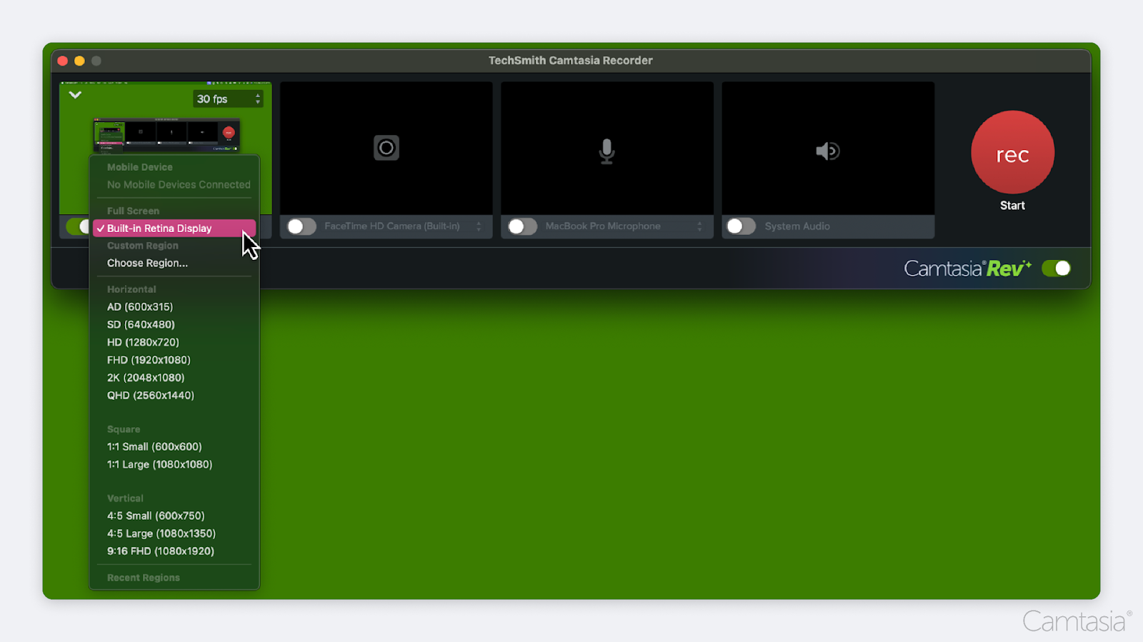 Select the display you want with Camtasia