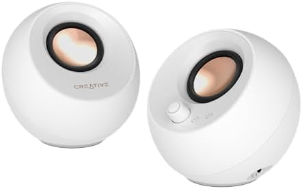 Creative Pebble Pro Minimalist 2.0 USB-C Computer Speakers with Bluetooth 5.3 and Customizable RGB Lighting, Clear Dialog and BassFlex Tech, USB Audio, Headset Port, for PC and Mac (White)