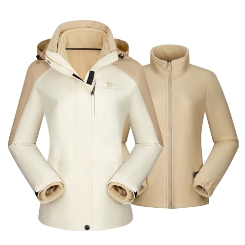 CAMEL CROWN Women's Ski Jacket Waterproof 3 in 1 Winter Snow Mountain Coat Warm Fleece Windbreaker Hooded Raincoat Snowboarding Jackets Apricot M