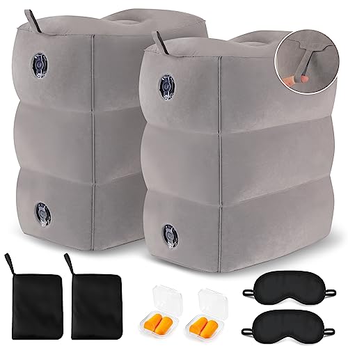 Inflatable Foot Rest for Air Travel - Travel Foot Rest for Airplane Flights, Car Seat Foot Rest for Kids Airplane Bed for Toddler, Blow up Plane Footrest Pillow with Easy-Carry Strap, Gray 2Pack