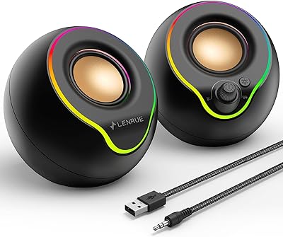 LENRUE Computer Speakers, PC Speakers with Colorful Lights Button, Volume Knob, 45 ° Tilt, Loud Sound, AUX and USB Powered for PC Desktop Monitor Laptop