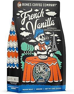 Bones Coffee Company French Vanilla Flavored Coffee Beans, Medium Roast Ground Coffee Low Acid, Creamy Vanilla Flavor (12 oz)