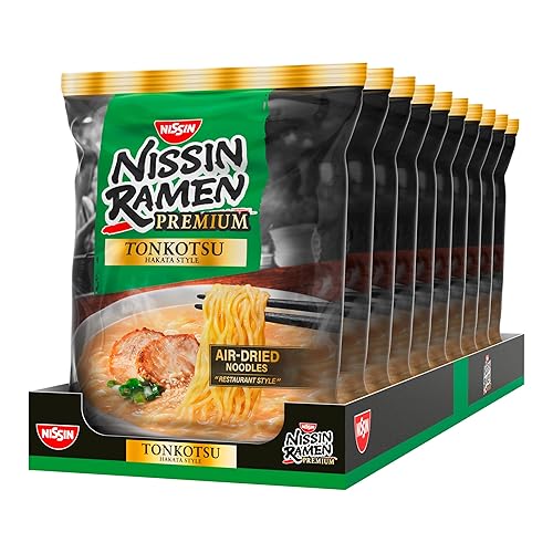 Nissin Ramen Premium - Tonkotsu, 10er Pack, luftgetrocknete Instant-Nudeln japanischer Art mit authentischem "Tonkotsu"-Geschmack, getrocknetem Lauch und Sesamsamen (10 x 88,5g)