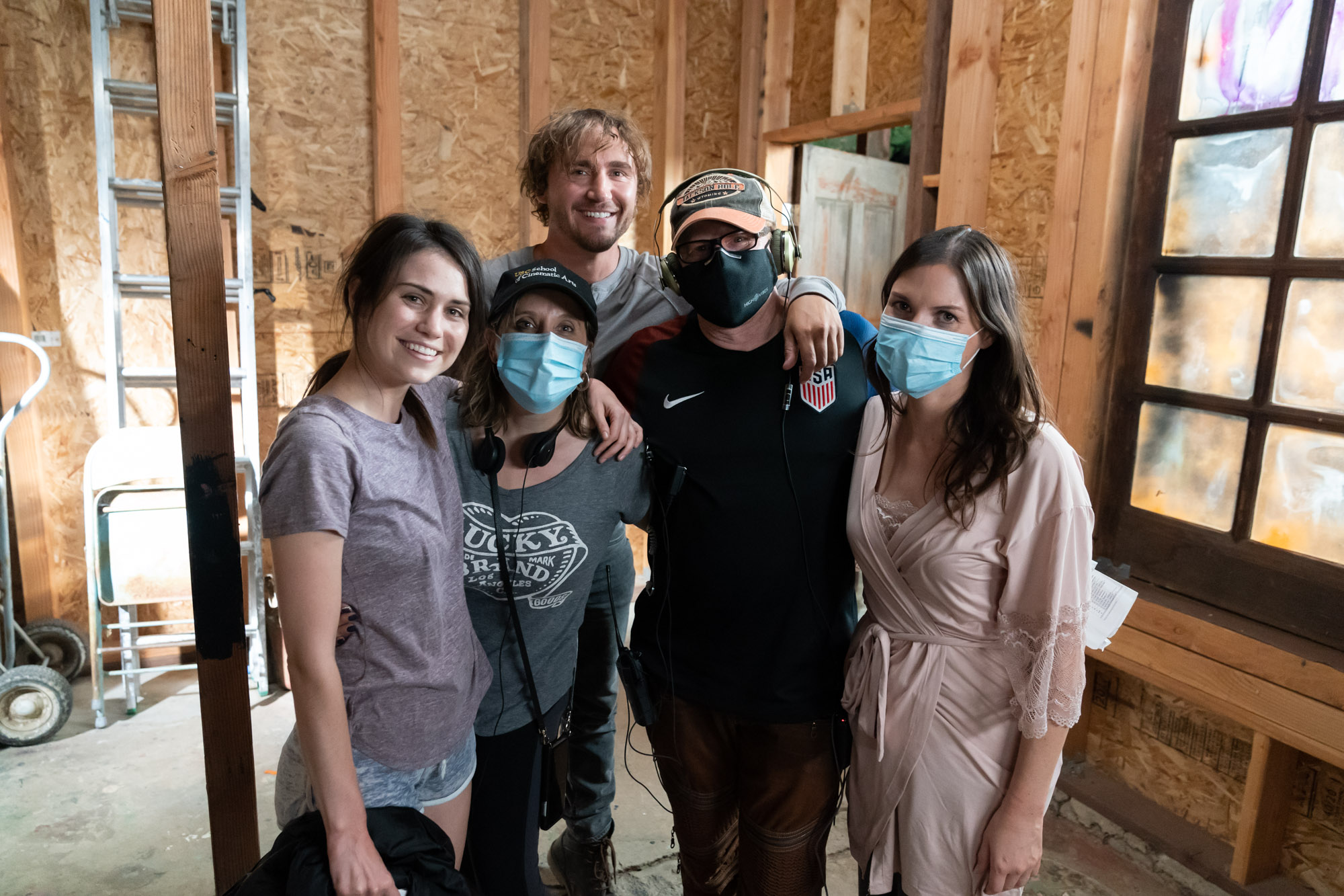 Tabitha Petrini, Lane Shefter Bishop, Jake B. Miller, Andrew Bishop, and Sarah J. Cornelius on the set of Desperate Widows