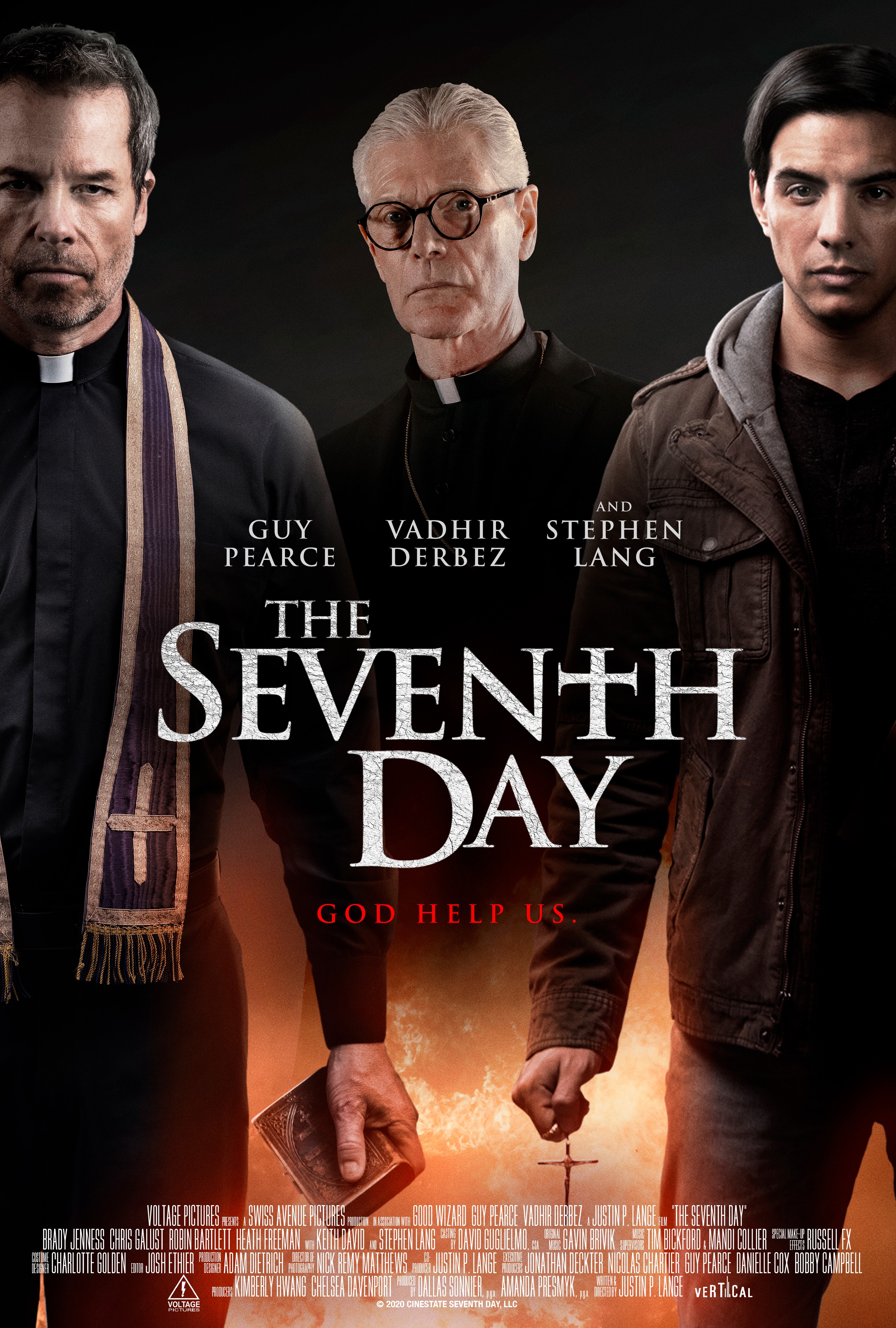 Guy Pearce, Stephen Lang, and Vadhir Derbez in The Seventh Day (2021)