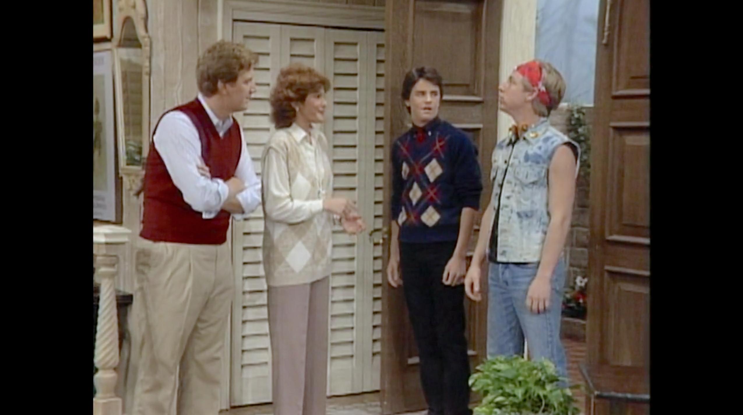 Matthew Perry, Julie Cobb, Gary Riley, and James Widdoes in Charles in Charge (1984)