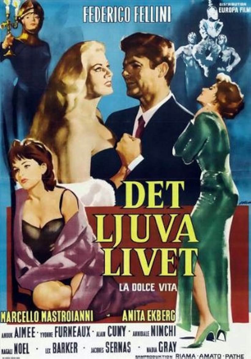 Marcello Mastroianni, Anita Ekberg, and Yvonne Furneaux in La dolce vita (1960)