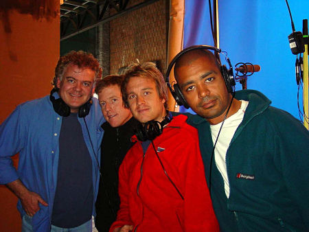 The guys at Fot.  Budapest, Hungary April 2002. David Winning, Mac Ruth, Rupert Porter and Frazer Churchill on the bluescreen stage.