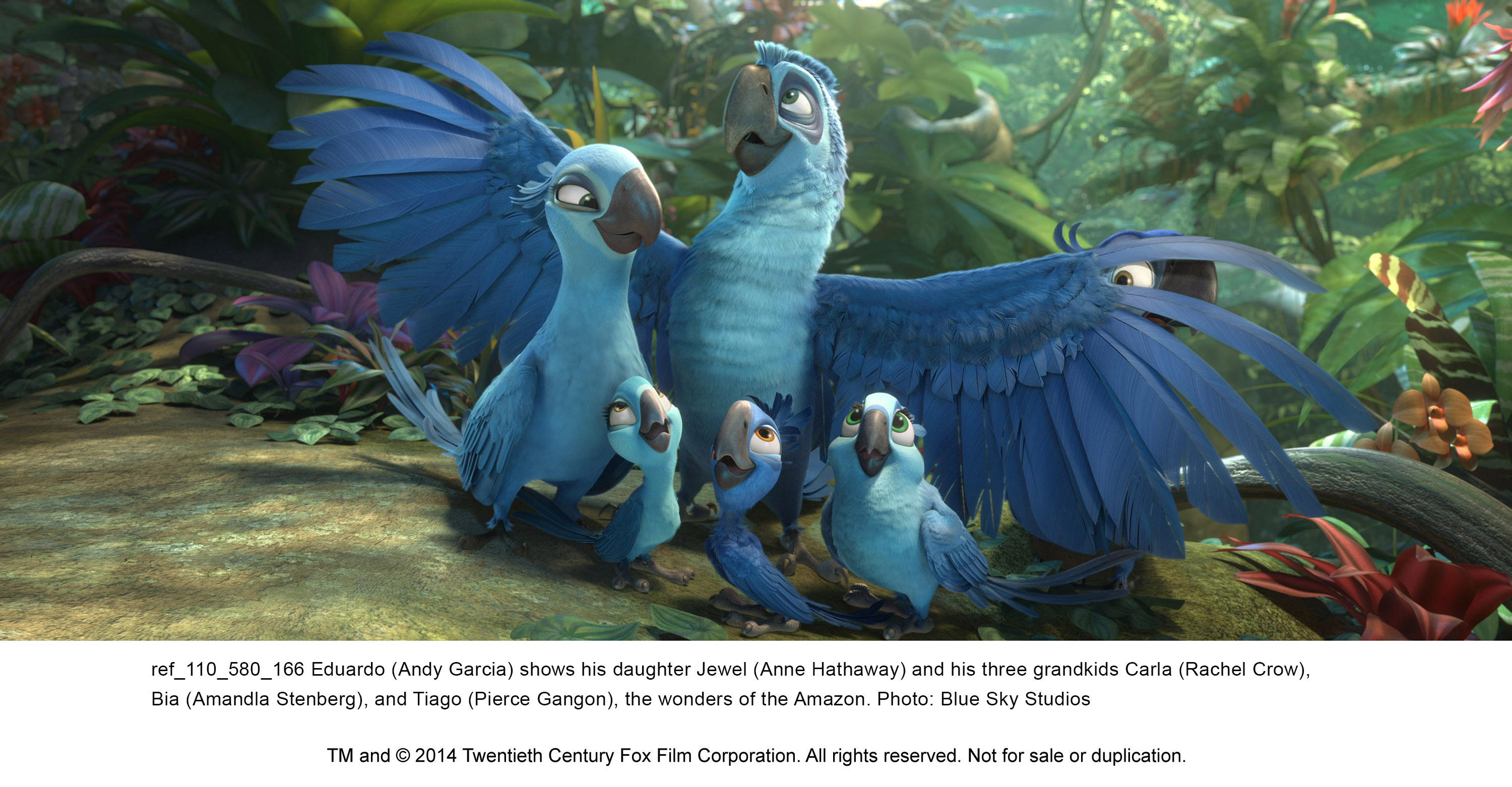 Andy Garcia, Anne Hathaway, Jesse Eisenberg, Pierce Gagnon, Rachel Crow, and Amandla Stenberg in Rio 2 (2014)