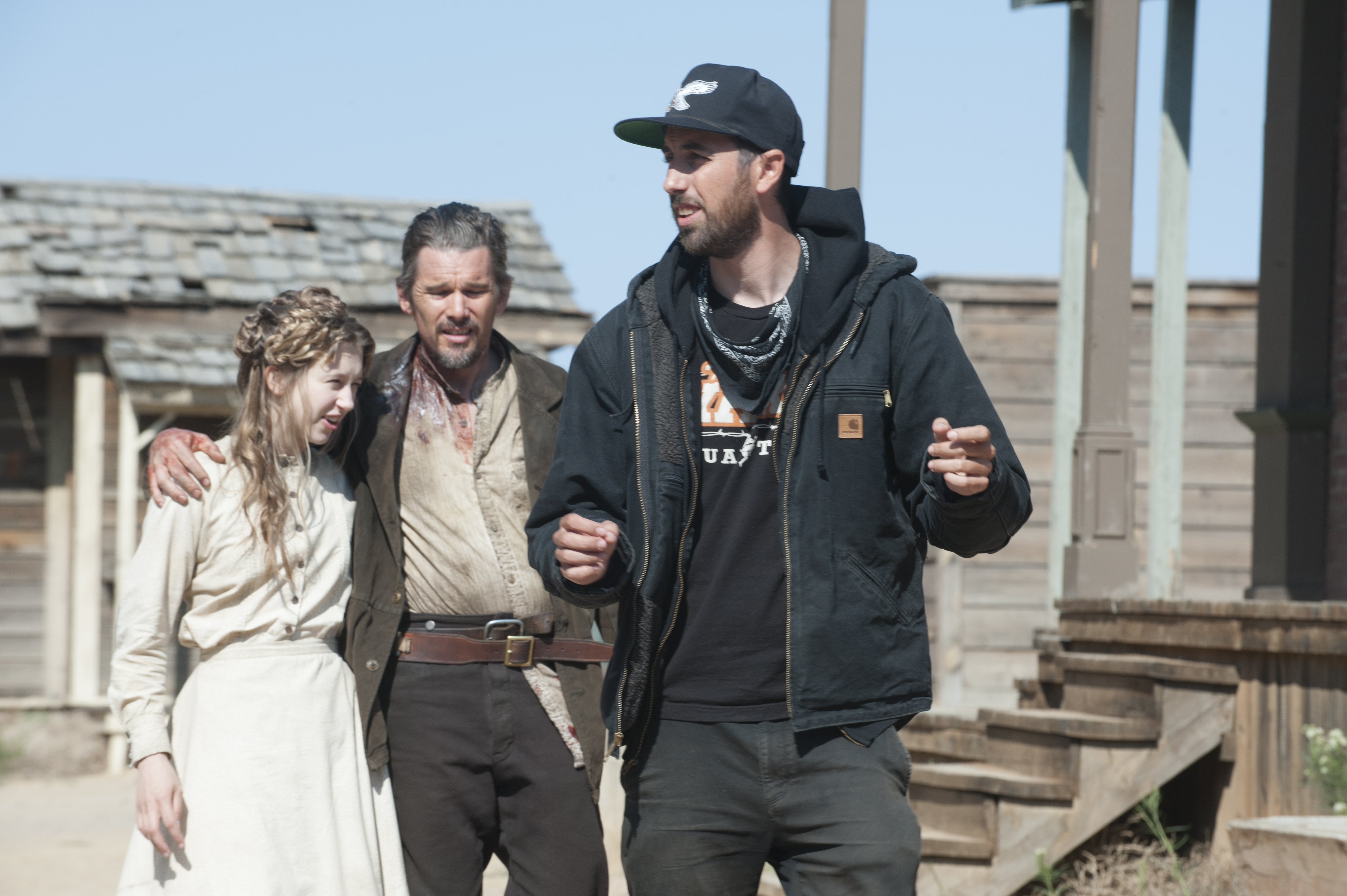 Ethan Hawke, Ti West, and Taissa Farmiga in In a Valley of Violence (2016)