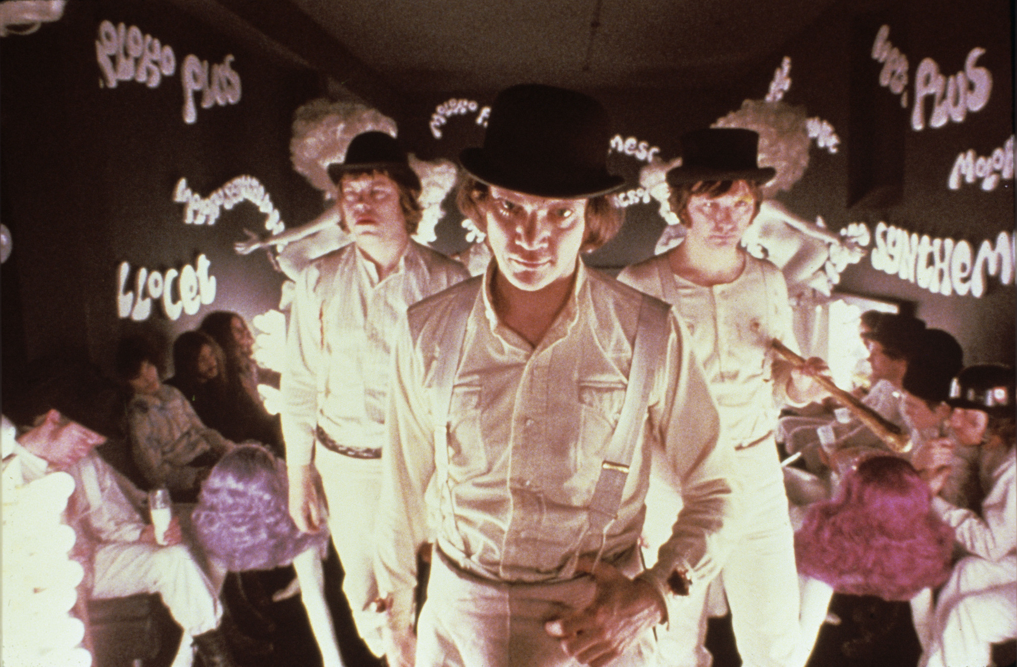 Malcolm McDowell, Warren Clarke, and James Marcus in A Clockwork Orange (1971)