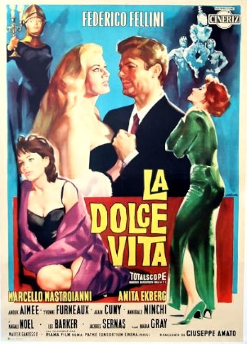 Marcello Mastroianni, Anita Ekberg, and Yvonne Furneaux in La dolce vita (1960)