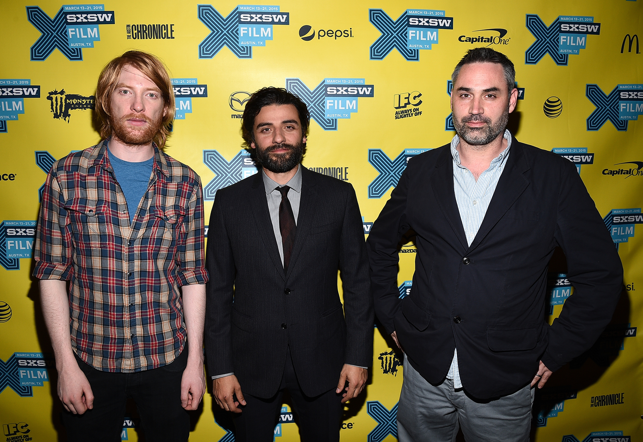 Alex Garland, Oscar Isaac, and Domhnall Gleeson at an event for Ex Machina (2014)